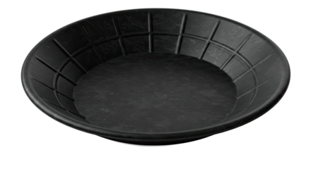 Black plastic gold pan for prospecting and mining activities.