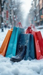 Colorful shopping bags and a boot resting in fresh snow on a street winter