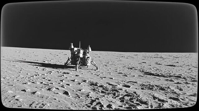 Vintage video style image of a lunar lander on the moon's surface. Captured from a low angle, emphasizing the vast, desolate landscape and dark sky.