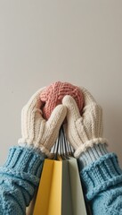 Hands wearing warm knitted mittens hold shopping bags with a ball of pink yarn