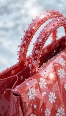 Festive red handbag adorned with sparkling snowflakes and bubble embellishments soft focus background