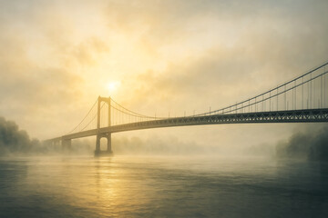 Panoramic view of the San Francisco Bay Bridge in a foggy morning.