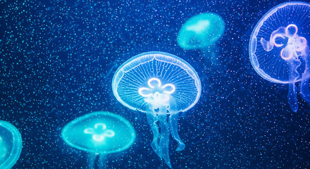 A group of jellyfish swimming in a dark blue ocean water