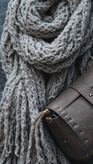 Textured grey knitted scarf draped beside a brown leather handbag with gold hardware