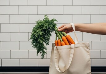hand places fresh carrots in canvas tote bag against white tile wall. sustainable shopping, healthy eating, and zero-waste lifestyle concept.