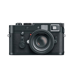 Black vintage camera, front view.  Features numerous controls and a large lens