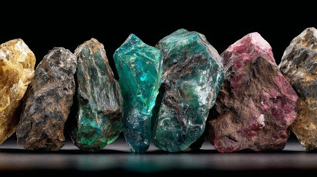 quartz stones mineral. gemstones crystal for relaxation on abstract black background. chlorite quartz. quartz with goethite, chlorite, hematite, sericite. Crystal Ritual, Witchcraft, Meditation