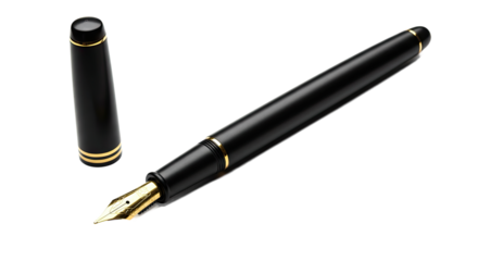Elegant black fountain pen with a gold nib and cap.