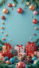 Christmas ornaments and gift boxes arranged with festive pine branches on a blue background