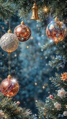 Festive Christmas ornaments and pine branches with twinkling lights and bokeh effect