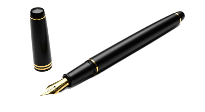Elegant black fountain pen with a gold nib and cap.