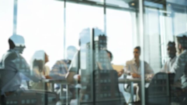 A diverse team of professionals in a B2B meeting. They are collaborating in a modern glass-walled office, illustrating teamwork, strategy, and corporate success - Powered by Adobe