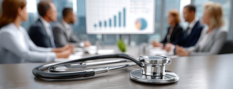 Discussion on healthcare trends with medical professionals in a modern conference room featuring a stethoscope on the table