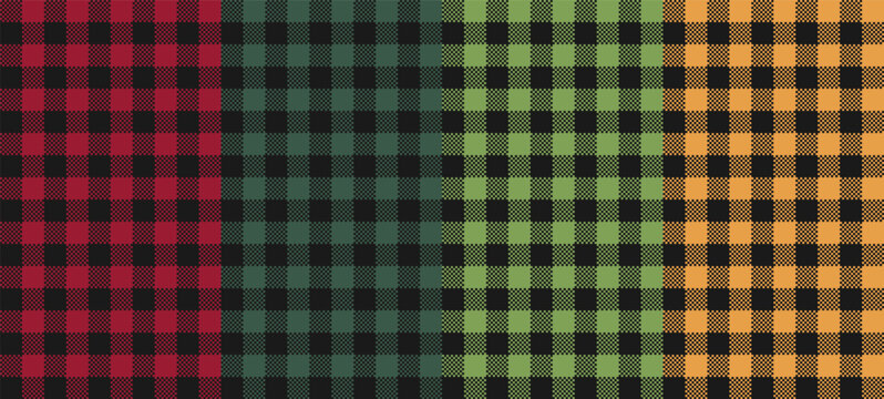 Red plaid pattern for seamless Christmas card background. Green tartan festive texture. Repeat vichy flannel fabric print with buffalo checkered design. Traditional british stewart gingham wrapping.