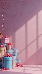 Stacked pastel gift boxes with ribbons and floral bows soft pink textured wall with window light patterns
