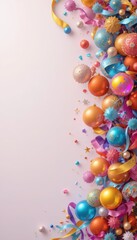 Festive arrangement of colorful balloons streamers and confetti on a light background