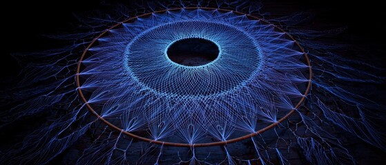 Intricate Large Dream Catcher Design with Thin Webbing in Vibrant Blue and Black Background
