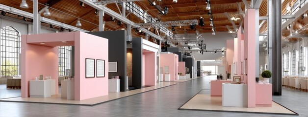 Fototapeta premium Modern art exhibition showcasing minimalistic displays in a spacious gallery with natural light during a contemporary event