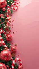 Festive Christmas ornaments red baubles candy canes and pine branches arranged on a pink background
