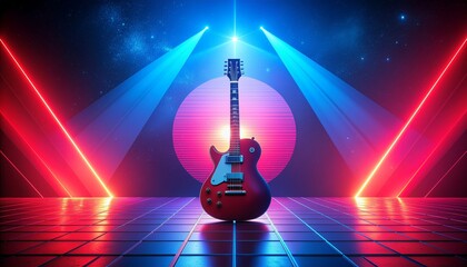 A stunning electric guitar takes center stage, illuminated by dramatic red and blue spotlights on a reflective stage, evoking a vibrant concert atmosphere