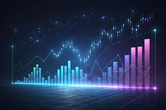 Abstract representation of financial data with glowing charts and graph elements - Powered by Adobe