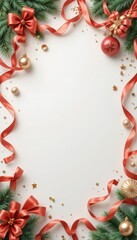 Red ribbon pine branches golden baubles and star confetti on a white background