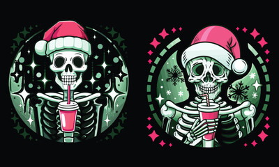Christmas Skeletons Drinking Holiday Shakes – Festive Spooky Season Art