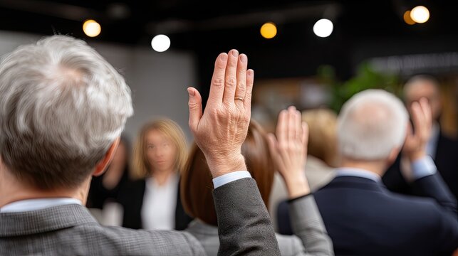 Hands raised in a conference hall at an event, indicating participation and engagement among attendees during an informative session
