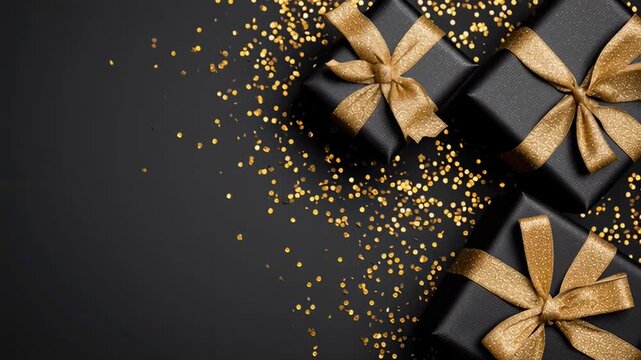 Black Friday flat‑lay of matte gift boxes tied with black satin ribbons on a dark background; elegant minimal composition for sale promos, social headers, and product announcements