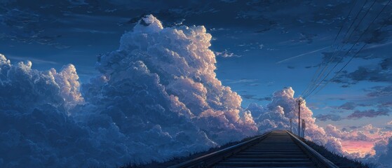 Serene Train Track Ascending Towards Dramatic Clouds and Vibrant Sky at Dusk