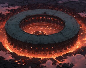 Massive Circular Stone Platform Hovering Over Fiery Eruption in a Dark Anime-Inspired Landscape