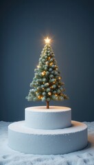 A decorated Christmas tree with a glowing star on top sits on a tiered snow covered platform
