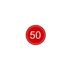 This image shows a bold red circular badge with the number 50 written in white at the center. The circle has a thin white outline, making it stand out against the plain white background. It resembles 
