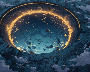 Massive Circular Stone Arena Platform Hovering Above Clouds in Anime Style Landscape