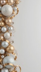 Festive arrangement of gold and silver Christmas ornaments and ribbons against a plain background