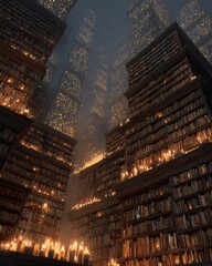 Enchanted library with towering shelves of ancient books illuminated by glowing candles in mist