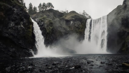 A dramatic waterfall cascades down rocky cliffs, surrounded by misty, overcast scenery