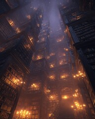 Majestic Library with Towering Shelves of Ancient Glowing Books in an Enigmatic Atmosphere