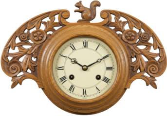 Ornate wooden wall clock with squirrel figurine isolated, vintage timepiece PNG for home decor