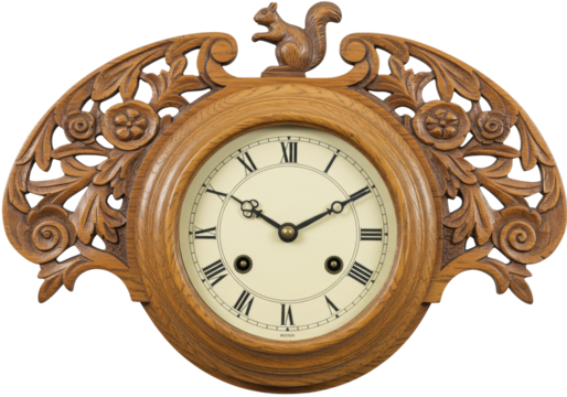 Ornate wooden wall clock with squirrel figurine isolated, vintage timepiece PNG for home decor