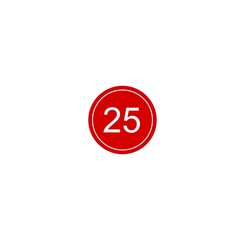 This image shows a bold red circular badge with the number 25 written in white at the center. The circle has a thin white outline, making it stand out against the plain white background. It resembles 