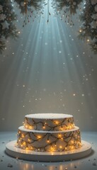 Two tiered white frosted cake decorated with warm glowing string lights and falling snow particles