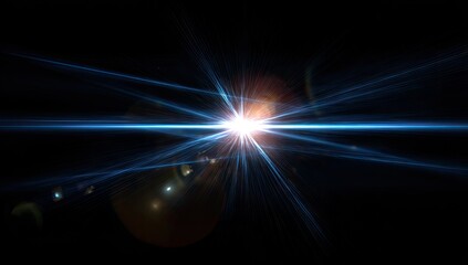 Bright white light explodes with sharp blue beams, set against a dark, smooth background