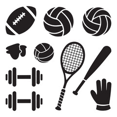 Sports Silhouette Vector Set, Football, Volleyball, Racket, Dumbbell, Gloves