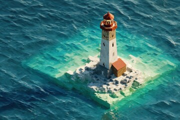 Low Poly Art of a Lonely Lighthouse on a Square Island Surrounded by Clear Blue Water