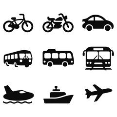 Transport Vehicles Silhouette Vector Set, Cars, Buses, Ship, Airplane
