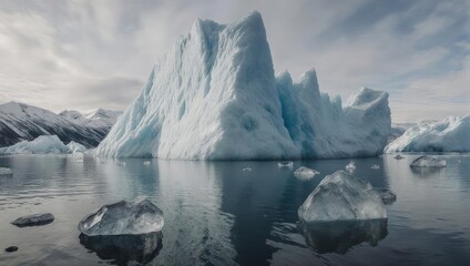 A colossal iceberg floats in calm water with surrounding ice and distant mountains under overcast skies