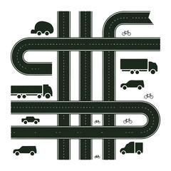 Traffic Road Map Vector with Vehicles, Highway Road Silhouette Illustration