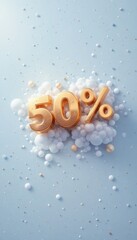 Golden 50 percent symbol floats amidst abstract spheres and confetti against a light blue background