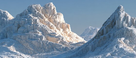 Stylized Stepped Mountain Range in a Serene Landscape Under Clear Blue Sky